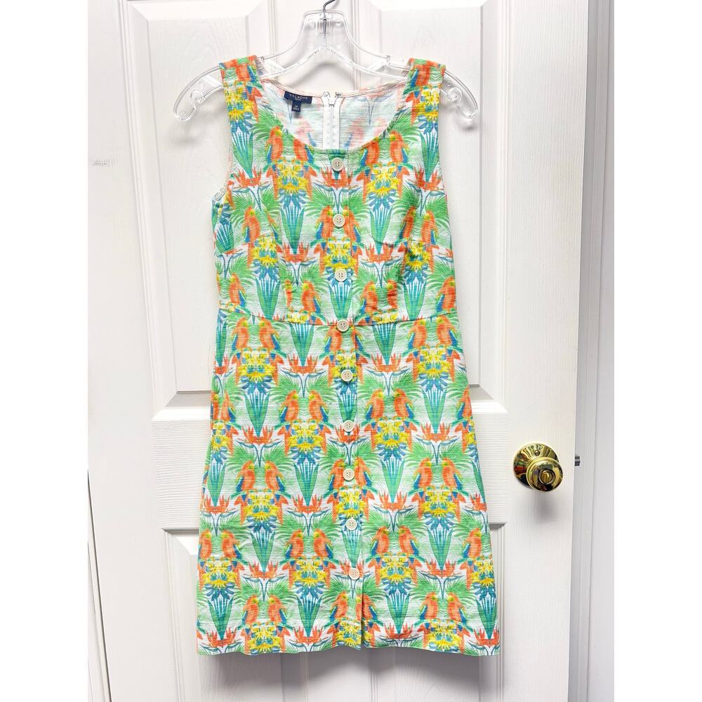 Talbots Dress Petite 2P Tropical Parrot Print Cotton Sleeveless Button Front